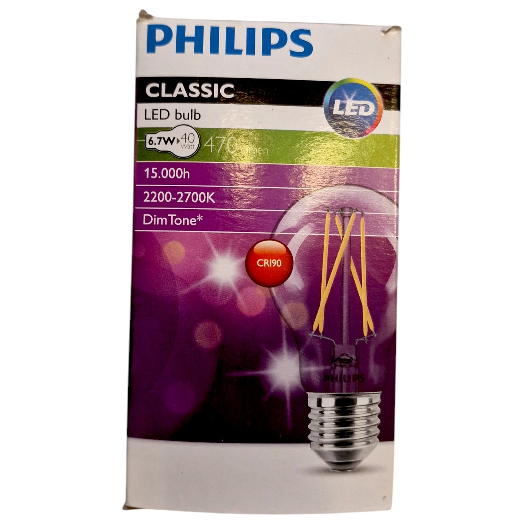 Philips E27 LED classic 6.7W 470lm 2200-2700k Dimbaar